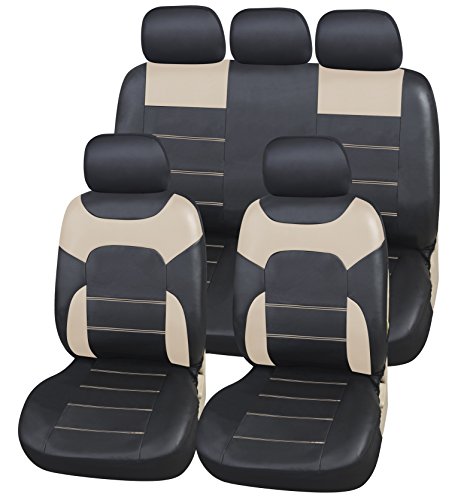 upgrade4cars Premium Autositzbezüge Set Universal in Schwarz Beige | Kunstleder Auto-Sitzbezug Komplettset für die Vordersitze & Rückbank | Leder-Optik Pkw Sitzbezüge für Sommer & Winter (B3 Beige)