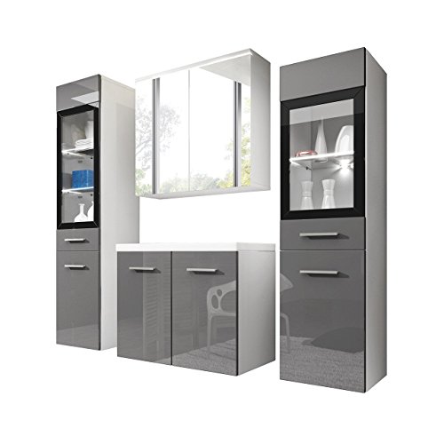 Badmöbel Set Udine II mit Waschbecken und Siphon, Modernes Badezimmer, Komplett, Spiegelschrank, Waschtisch, Hochschrank, Möbel (mit weißer LED Beleuchtung, Weiß / Grau Hochglanz)