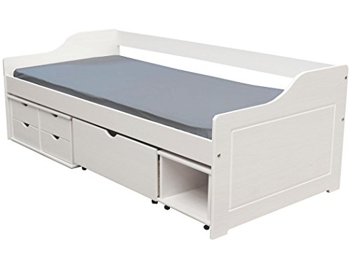 KMH, Massivholz Kojenbett/Kinderbett/Jugendbett mit Bettkasten, Schubladen und Nachttisch (200 x 90 cm/Incl. Lattenrost/weiß) (#201105)