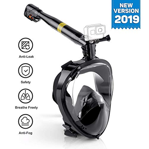 Somune Schnorchelmaske Vollmaske, Profi Tauchmaske Set Erwachsene, Frei Atmen, Anti-Fog, Anti-Leck, 180° Sichtfeld Design Schnorchel Vollgesichtsmaske mit Action Kamera-Halterung (Schwarz, L/XL)