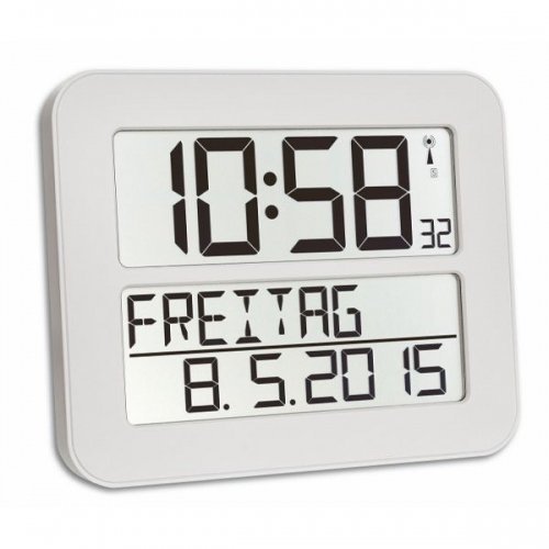 TFA Dostmann TimeLine Max Funkuhr, Wanduhr, digital, mit Wochentag und Weckfunktion, weiß, 60.4512.02