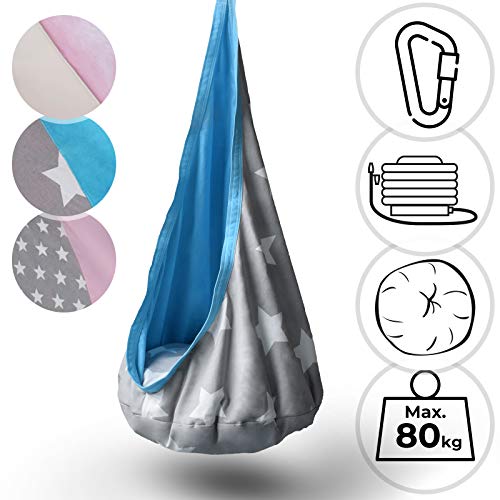 Hängesessel Set für Kinder | inkl. Luftkissen, mit oder ohne Zubehör, 100% Baumwolle, 140cm, Designauswahl | Hängehöhle, Kuschelhöhle, Hängematte (Ohne Zubehör, Grau-Blau mit weißen Sternen)