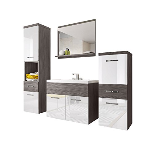 Badmöbel Set Bella I mit Waschbecken und Siphon, Modernes Badezimmer, Komplett, Spiegel, Waschtisch, Hochschrank, Hängeschrank Möbel (Bodega/Weiß Hochglanz)
