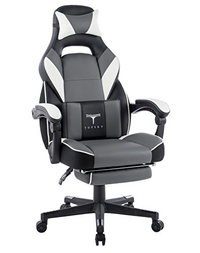 Topsky hohe Rückenlehne Racing Stil PU-Leder Executive Computer Gaming Bürostuhl Ergonomisches liegendes Design mit Lendenkissen Fußstütze und Kopfstütze (Grau) Paket MEHRWEG