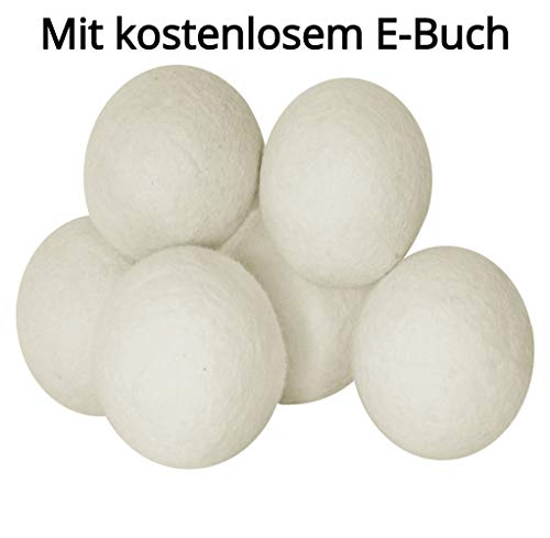 Trocknerbälle 6er Pack für Wäschetrockner mit kostenlosem E-Buch. Energie und Geld sparen. Für jede Art Wäsche. Samtweiche Wäsche ohne Weichspüler, 100% neuseeländische Schurwolle. Premium Qualität
