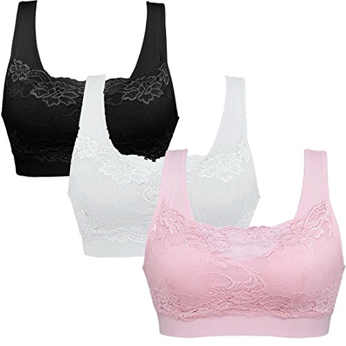Jewelry_Awesome Womens Strech Ohne Buegel Push up Yoga Sports BH Bra Top Set Fuer Fitnesstraining Polsterung 3St. (Rosa Schwarz Weiss 2)