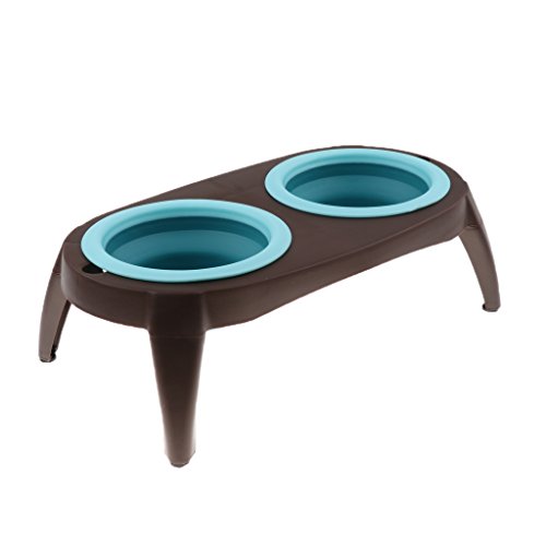 perfk Faltbar Doppelnapf für Hunde und Katzen, Abnehmbare Futterstation mit Zwei Silikagel Futternäpfe, Wassernapf Futternapf Set mit Napfständer - Blau