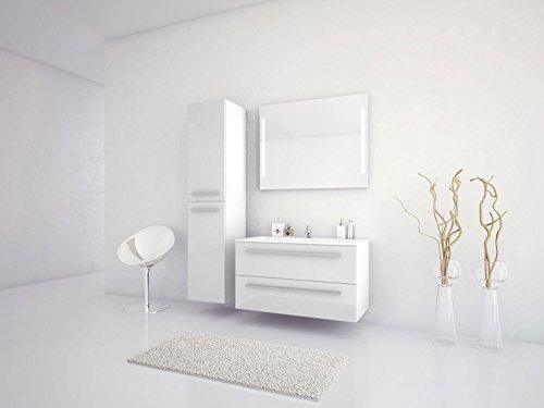 Jokey Badmöbel-Set Libato - 90 cm breit - Weiß Hochglanz - Badezimmermöbel Waschtisch mit Unterschrank Spiegel mit Beleuchtung und Hochschrank Sieper