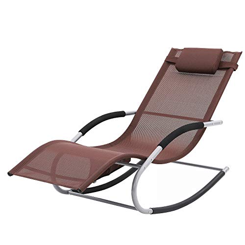 SONGMICS Sonnenliege, Schaukelstuhl mit Kopfkissen und Seitentasche, Eisengestell, atmungsaktives Textilene-Gewebe, komfortabel, bis 150 kg belastbar, braun GCB23BR