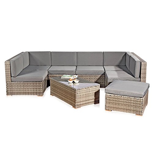 Melko XXL Gartenset, Poly Rattan, Lounge Sofa-Garnitur mit Glastisch, inklusive Kissen, mehrteilig (Grau)