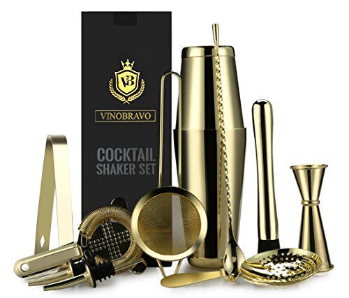 11-Teiliges Boston Cocktailshaker/Cocktail Mixer Set von VinoBravo: 2 gewichtete Cocktail Shaker, Barsieb-Set, Doppeljigger, Barlöffel, Barstößel & Tong, 2 Spirituosenausgießer & Cocktailrezeptbuch