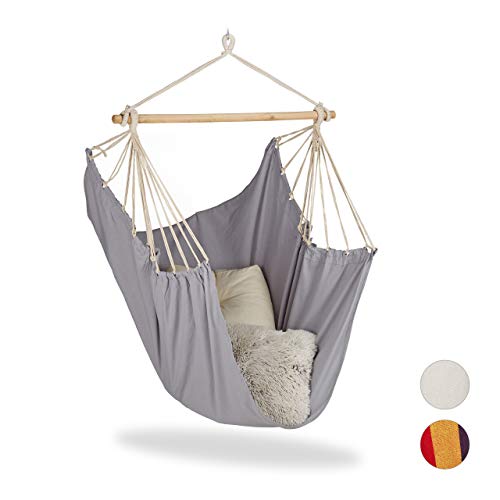 Relaxdays Hängesitz, XL Hängesessel aus Baumwolle, für Kinder & Erwachsene, Aufhängung, In- & Outdoor, bis 150 kg, grau