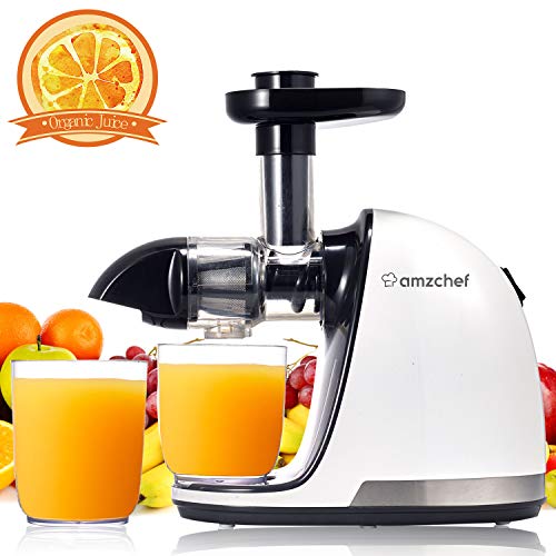 AMZCHEF Slow Juicer BPA-frei Entsafter Gemüse und Obst Profi Entsafter mit Ruhiger Motor & Umkehrfunktion & Saftkanne & Reinigungsbürste（150 Watt/Elfenbeinweiß）