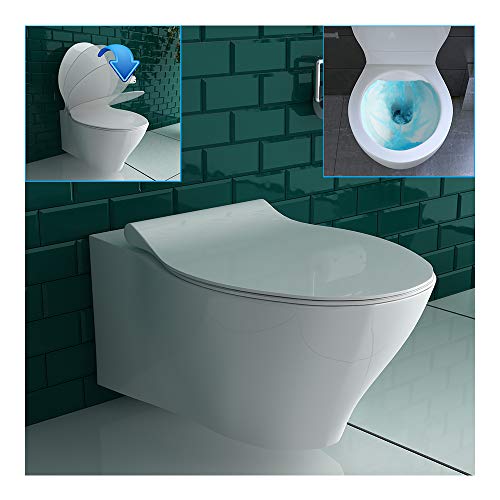 Spülrandlos Hänge-WC aus Sanitärkeramik in Weiß inkl. WC-Sitz mit SoftClose Funktion | D-Form langsamege, geräuschlose Absenkung Softclose WC-Set Neues Design