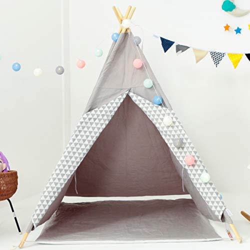 [TIPI ZELT MIT SPIELMATTE] Indianerzelt für Kinder - für Kinderzimmer - Wigwam 140x120x120cm - Tipi tent Baumwollsegeltuch - Für in und um ihr haus - mit 4 Holzstangen und Fenster - Grau mit Zubehör