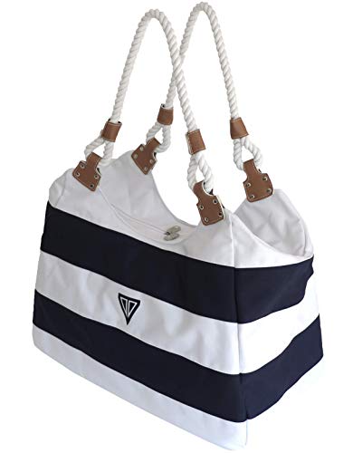 WildStage XL Strandtasche groß mit Reißverschluss und Innentasche 45x24x36 cm, Damen Shopper groß, schultertasche, Weekender, Saunatasche in blau/weiß