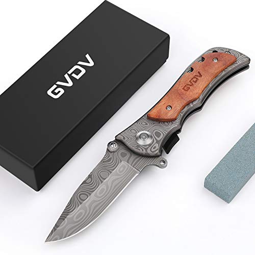 GVDV Klappmesser Scharfes Outdoor Messer mit Titaniumklinge aus 7Cr17 Edelstahl, Taschenmesser mit Gürteltasche Holzgriff, Messerschärfstein, Einsetzbar für Arbeit, Wandern, Camping