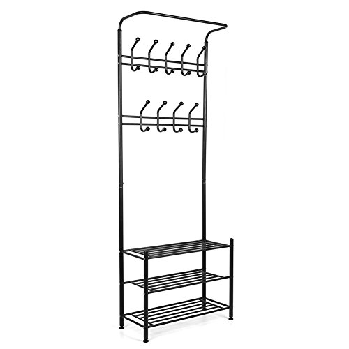 HOMFA Garderobenständer Kleiderständer 3 Ablagefächer Schuhablagen mit 18 Garderobenhaken, Höhe 190cm, Breite 68cm, Tiefe 30cm, Schwarz