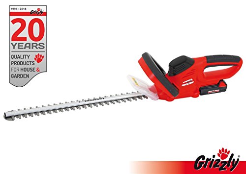 Grizzly Akku Heckenschere 18 V, 1,5 Ah Lithium Ionen Akku, Lasercut Messer mit 52 cm Schnittlänge, 15 mm Zahnabstand, Präzsionsmesser, Messerbremse, Rundum-Softgriff für waagrechtes und senkrechtes Schneiden, Messeranstoßschutz