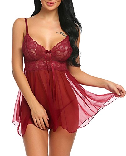 ADOME Spitze Negligee Sexy V-Ausschnitt Babydoll Lingerie Nachtwäsche Kleid Dessous Set für Damen mit Unregelmäßiger Saum und string Rot EU XL
