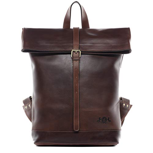 SID & VAIN Rucksack Leder Jay groß Backpack Tagesrucksack Kurierrucksack Herren Lederrucksack 15,6' echtes Büffelleder Lederrucksack braun