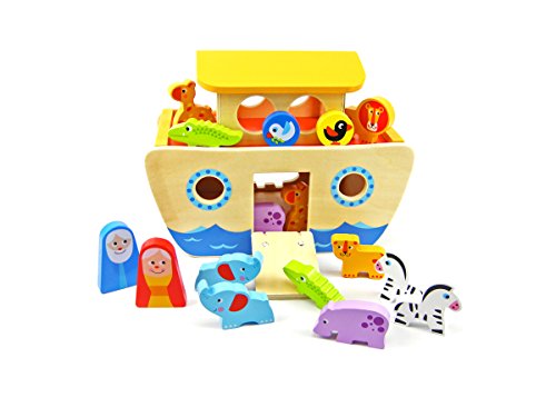 Tooky Toy Arche Noah Aus Holz Mit Bunten Tieren Und Bauklötzen - 18-Teiliges Holz-Spielzeug Für Kreative Rollenspiele Und Fördert Das Greif- Sowie Denkvermögen Ihres Kindes - Ca. 26 x 19 x 14 Cm