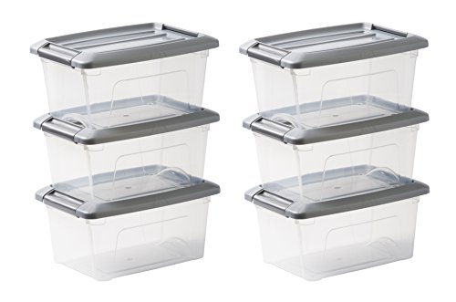 IRIS, 6er-Set stapelbare Aufbewahrungsboxen / Kisten / Stapelboxen 'New Top Box', NTB-5, mit Klickverschluss, Plastik, silberer Deckel, 5 L, 28,5 x 19,5 x 14 cm