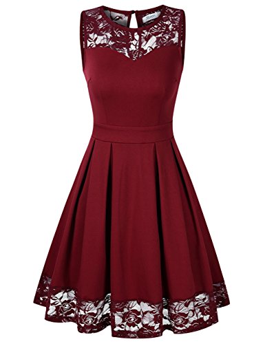 KoJooin Damen Elegant Kleider Spitzenkleid Ohne Arm Cocktailkleid Knielang Rockabilly Kleid Rot Bordeaux Weinrot L