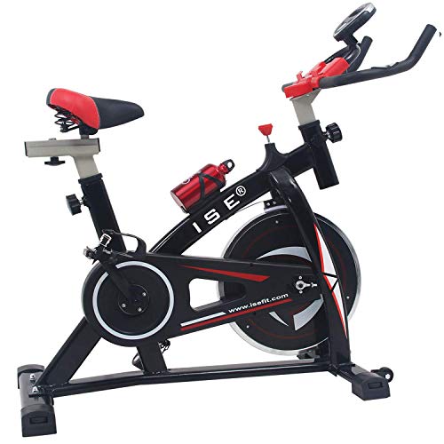 ISE Profi Indoor Cycle Ergometer Heimtrainer mit LCD Anzeige,Armauflage,Pulsgurt&gepolsterte,13kg Schwungrad,Fitnessbike Speedbike mit flüsterleise Riemenantrieb-Fahrrad Ergometer bis 135Kg SY-7802