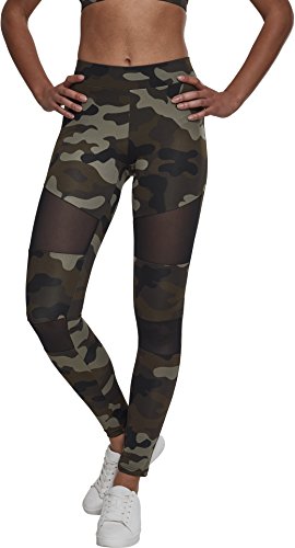 Urban Classics Ladies Camo Tech Mesh Sport Leggings, lange Damen Fitnesshose mit halbtransparenten Einsätzen - Farbewoodcamo/black, Größe M