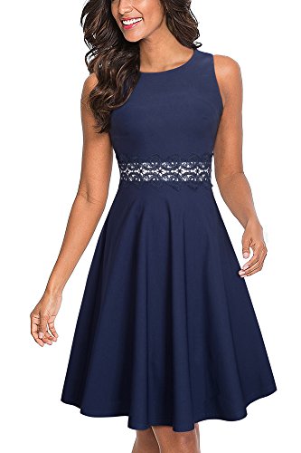 HOMEYEE Damen Vintage Rundhalsausschnitt ärmellosen Blumen Bestickt knielangen Cocktailkleid UKA079 (EU 38 = Size M,Dunkelblau)