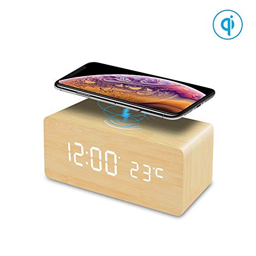 FiBiSonic LED Holz Wecker digital mit Temperaturanzeige, digital Uhr Holzwecker Uhr Tisch Design Wecker Dekoration Schlafzimmer Uhr Alarm Clock Bambus