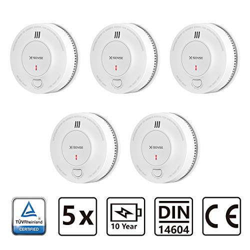 Verbesserter Rauchmelder 10 Jahre Batterie bei X-Sense, Feuermelder mit fotoelektrischem Sensor, TÜV und EN14604 geprüfte Brandmelder (5 Stück)
