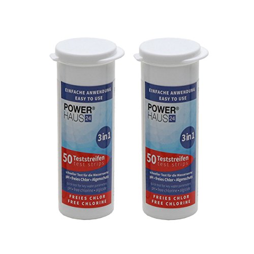 POWERHAUS24 100 Teststäbchen 3 in 1 Teststreifen 2er Pack Teststrips für Chlor, pH Wert und Algenschutz, für Pool und Whirlpool, 2 x 50 Stück
