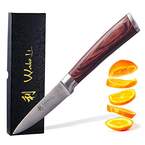 Wakoli Edib Damastmesser - sehr hochwertiges Profi Messer mit Edelholz Griff mit Damast Klinge, Damastmesser Officemesser, Damastküchenmesser