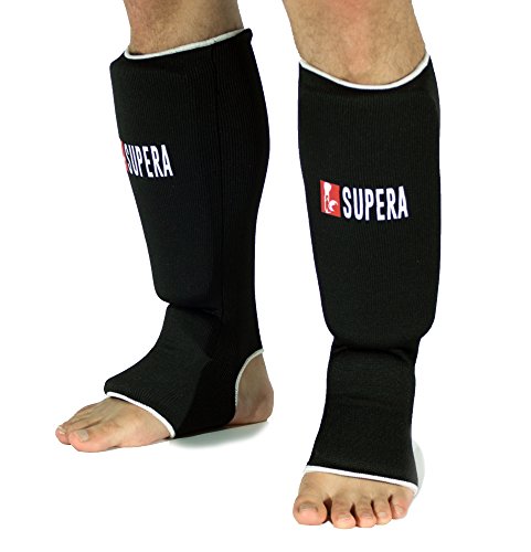Supera Schienbeinschützer Training für Kampfsport - Schienbeinschutz und Fußschutz - MMA, Muay Thai, Thai Boxen, Kickboxen, Grappling - Schienbeinschoner mit dicker Polsterung für härtere Kicks! (schwarz , Größe M - junior)