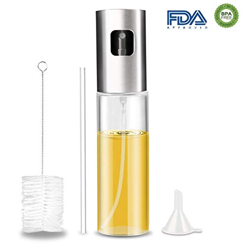 Öl Sprayer, Gifort portable100ml Edelstahl Grillen Olivenöl Glas Flasche Öl Mister mit gratis Tube Bürste und Trichter aus Silikon für BBQ Salat Brot backen Küche Kochen