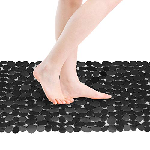 RenFox Duschmatte Badematte Badewannenmatte rutschfest Antibakteriell mit Saugnäpfen & Massage Ball, Steinoptik Duschmatten Dusche Schwarz 88 x 40 cm
