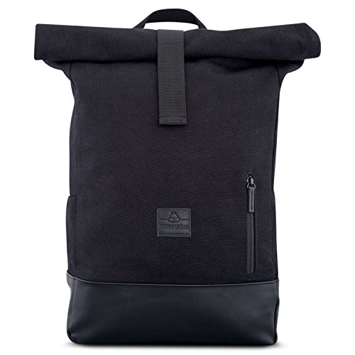 Rucksack Damen & Herren Schwarz - JOHNNY URBAN Roll Top Daypack aus Baumwoll Canvas & veganem Leder - Lässiger Vintage Tagesrucksack für den Alltag - Wasserabweisend & sehr flexibel