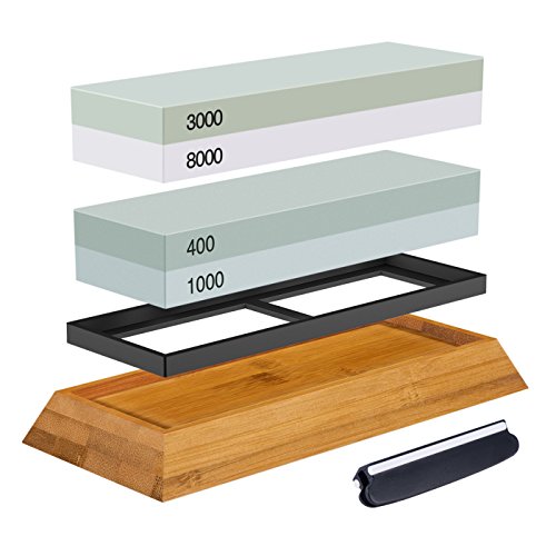 Abziehstein Schleifstein Set, ASEL 2-in-1 Wetzstein mit 400/1000 3000/8000 Körnung, Abziehstein für Messer inkl. Gummi-Steinhalter sowie Bambus Basis und Messer-Halter