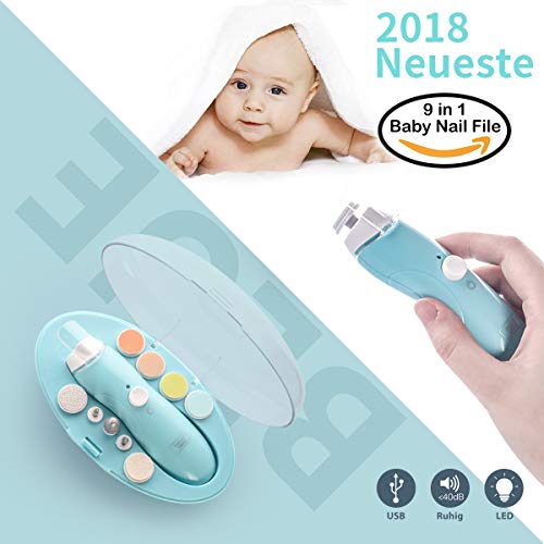 Elektrisches Baby Nagelfeile,USB-Ladevorgang, Nagelknipser Set 9 in 1， HAIGE Baby Maniküre/Pediküre Set,Baby Nagelpflege mit LED Licht für Neugeborene, Kleinkind und Mom Zehen und Fingernägel(Blau)