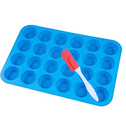 DSTong Muffinblech aus Silikon für 24 Mini Muffins und 1 X Spatel,Silikon Muffinform für Cupcakes, Brownies, Kuchen, Pudding - Antihaft & Leicht zu Reinigen (24Cavity/1pack-blue)