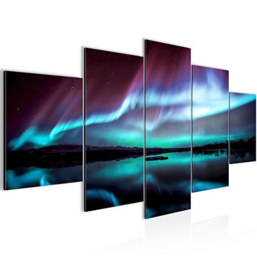 Bilder Polarlicht Wandbild 200 x 100 cm Vlies - Leinwand Bild XXL Format Wandbilder Wohnzimmer Wohnung Deko Kunstdrucke Blau 5 Teilig -100% MADE IN GERMANY - Fertig zum Aufhängen 609151b