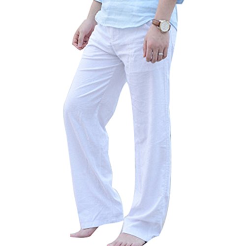 Hibote Herren Lang Leicht Leinenhosen Loose Strandhosen Sommerhosen mit Kordelzug Männer Einfarbig Lässige Freizeithose Weich Bequem Atmungsaktiv