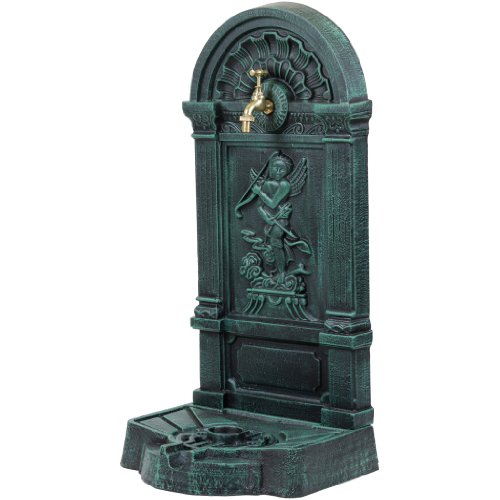 Standbrunnen aus Gusseisen mit Wasserhahn, 76x35x30cm, 22,5kg schwer Springbrunnen dunkelgrün/schwarz, Wandbrunnen