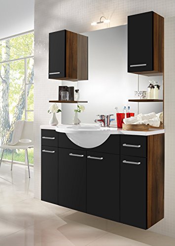 Badmöbel inkl. Waschbecken und vielen Schränke in walnuß-schwarz; Maße: 111x51x169