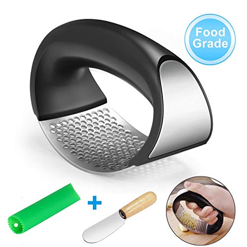 Vanbing Edelstahl Knoblauchpressen,Tragbare Knoblauchpresse mit Silikon Rollenschäler,Komfortabler Griff,Einfach zu verwenden und Reinigung