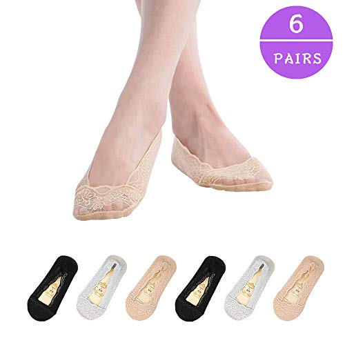 TAGVO 6 Paar Damen Füßlinge Spitze Unsichtbare Ballerina Socken mit rutschfest Silikon Schwarzes nacktes Grau