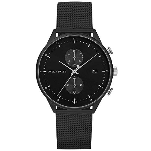 PAUL HEWITT Chronograph Herren oder Damen Chrono Line Black Sunray - Chronograph Edelstahl (Schwarz) mit Stoppuhr und Lederarmband (Schwarz) für Männer oder Frauen, schwarzes Ziffernblatt