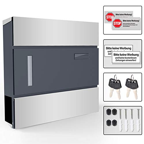 Briefkasten Anthrazit Edelstahl mit Zeitungsrolle Namensschild Absenkautomatik, Postkasten Wandbriefkasten Mailbox mit Zeitungsfach Sichtfenster inkl. 4 Schlüssel Wandmontage